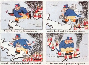 An anonymous German wartime propaganda postcard showing John Bull stealing from his allies.
