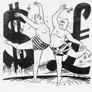 Fips' drawing for Der Stűrmer (4 September 1941) has US President Roosevelt and Churchill dancing strenuously in the middle of the Atlantic  in front of huge dollar and pound signs (note the Star of David on Churchill's Union Jack swimming trunks). The caption reads: 'A little while ago Churchill and Mister Roosevelt played at charades. They impersonated "Sirens Bringing Happiness to All the World" and made complete fools of themselves.'