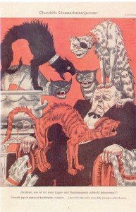 'Churchill's New Year Hangover' by Erich Schilling (Simplicissimus, 1 January 1942) has a bleary-eyed Churchill surrounded by alleycats whose collars indicate  recent Allied disasters: Pearl Harbor, the Balkans, Siam and Russia plus the names of two British warships recently sunk off Singapore, HMS Repulse and HMS Prince of Wales. The caption reads: 'Damn, look how my lies-and-illusions punch has been received!'