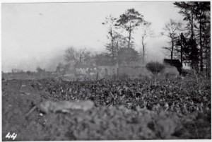 'Ritchie's Farm', named after the Captain defending it, under daytime bombardment from the Germans, during the attacks of late October, 1914.