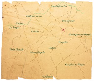 Position of Cameronian trenches at La Boutillerie, a hamlet north of Fromelles, near Armentieres in northern France During the early stages of World War One officers often copied scarce maps onto brown paper.