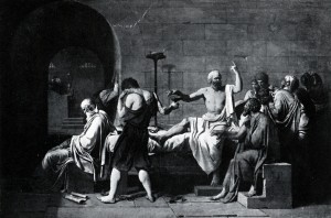 The death of Socrates. Condemned to death for profaning the gods and misleading the youth, the expectation was that Socrates would choose exile (political and social ‘death’). Instead he drank hemlock and become Western philosophy’s founding martyr. 