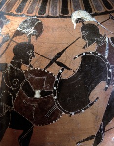 Socrates, like all able-bodied Athenian men of above-average means, fought as a hoplite (a heavy infantryman as shown here) in the phalanx (a dense block of such heavy infantrymen). Hoplite service was central to the definition of citizenship and manhood in the ancient Greek city-states. 