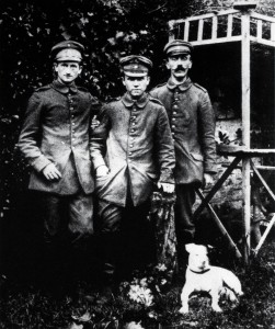 Hitler at war (on the right). He spent most of his time at a relatively cushy post as regimental dispatch-runner. His mediocrity must have been apparent to his superiors: he was never promoted beyond lance-corporal despite massive casualties in four years of attritional warfare. 