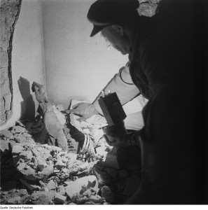 A body discovered in an air raid shelter in Dresden after the war. At the time of the bombing, foreign slave labourers were forced to hunt for corpses amid the rubble of the destroyed city.  