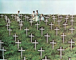 The famous final scene with a vast field of crosses. 