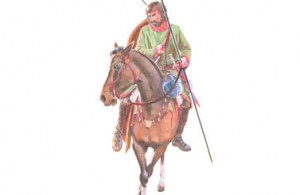 Gothic light cavalryman. Though many Goths fought on foot, a large minority were mounted, many of them armoured, others more lightly equipped (as here). They represented an intrusion into Europe of a new way of war, forged on the steppes of Central Asia, that involved a combination of missile and shock action by cavalry. This man is depicted with lance, sword, and shield.   