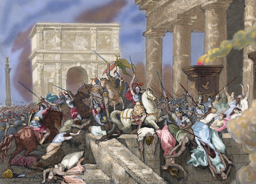 Sack of Rome by the Visigoths led by Alaric I in 410, during the reign of Emperor Honorius. Colored engraving.