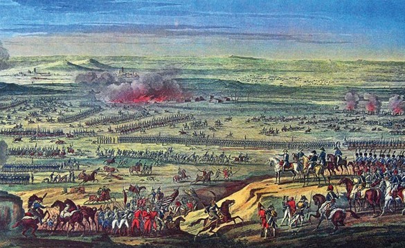 The Battle of Austerlitz, 2 December 1805. The scene shows the French Emperor with his staff on a hilltop surveying the battle. It is not immediately clear whether the vantage-point is meant to be the Zurlan Plateau or the Pratzen Heights; nonetheless, the reconstruction gives a fair impression of the density of a Napoleonic battle