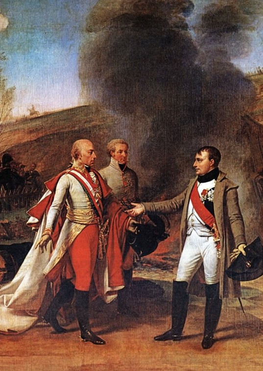 Napoleon receives the surrender of the Austrian Emperor Francis II after the Battle of Austerlitz.