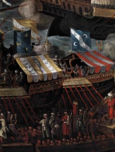 This detail view from a wider canvas shows the character of the galleys of the late 16th century Ottoman fleet. Note the way they are packed with soldiers (or marines as they would later be called). The Ottomans placed too much reliance on manpower, not enough on cannon: they were heavily outgunned at the Battle of Lepanto in 1571. Image: WIPL.