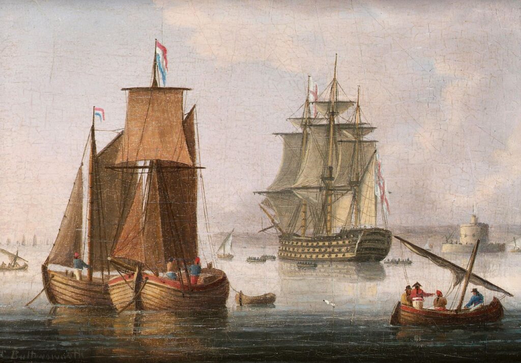 A large first-rate, said to be HMS Victory, lying off the mouth of the Tagus. By Thomas Buttersworth (1768-1842).