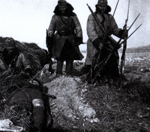 Austro-Hungarian soldiers (with dead Russian) on the Eastern Front. Austria-Hungary was almost as poorly equipped to wage a modern war as Russia.