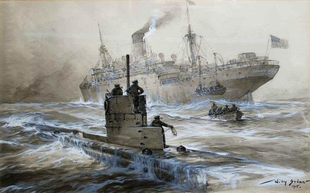 Sinking of the Linda Blanche out of Liverpool by SM U-21. Painting by Willy Stöwer.