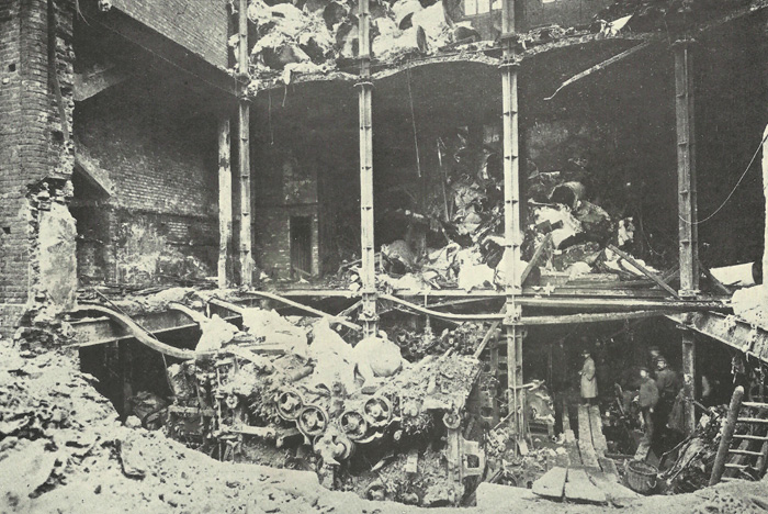 The destruction caused at Odhams Printing Works by a 300kg bomb dropped from Giant R12. 