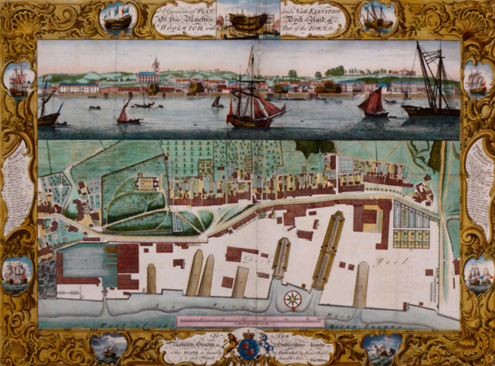 A plan and view of the great dockyard at Woolwich in London by Pierre-Charles Canot, 1753.