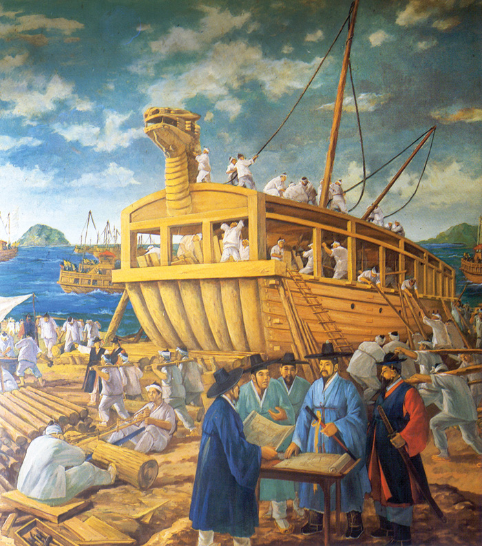 Painting showing the building of the 'Turtle Ship'.