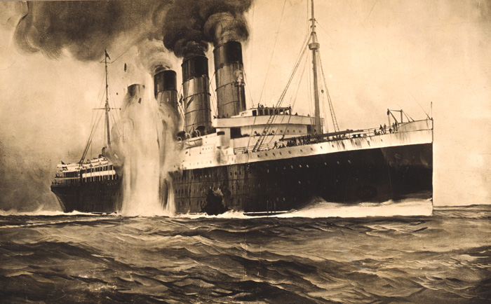 This contemporary postcard shows the second, internal explosion in the form of a second torpedo strike, in line with common belief at the time. In fact, the Lusitania was sunk by a single torpedo. Image: Anthony Richards