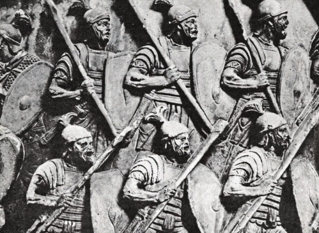 Roman auxiliaries as depicted on the Column of Marcus Aurelius in Rome. The sculptor has managed to convey the highly drilled, disciplined, machine-like character of the Roman Army in battle. Image: WIPL.