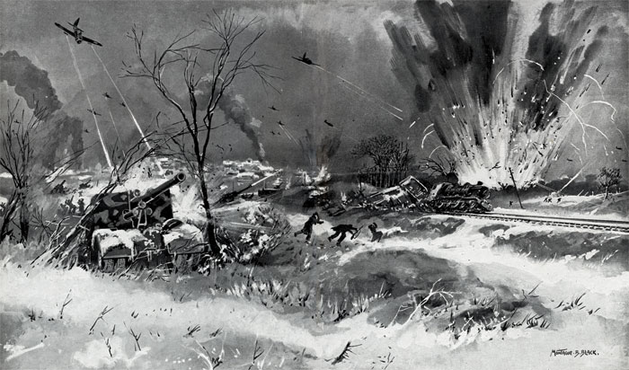 Black and white illustration showing Allied airpower striking German positions around Bastogne.