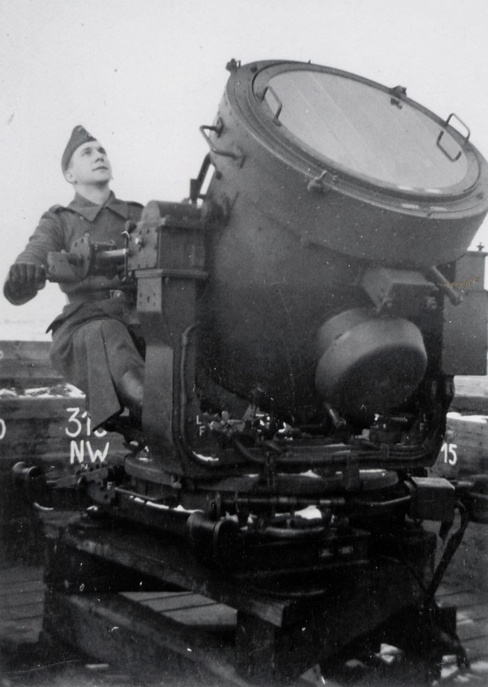 Photograph of a German flak searchlight. The German pre-dawn attack was illuminated by bouncing light off low clouds.