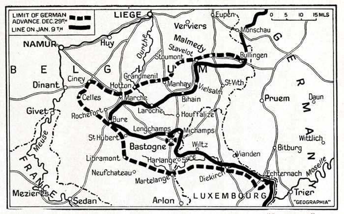 A contemporary map showing the extent of the German penetration during the Ardennes Offensive.