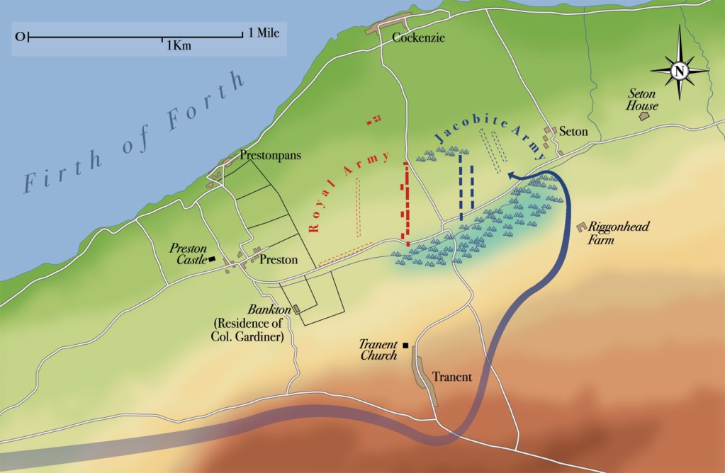 The Battle of Prestonpans, 21 September 1745: map showing the route of the Jacobite night march, and the realignment of the armies. Click on the image for a larger view. [Map: Ian Bull]
