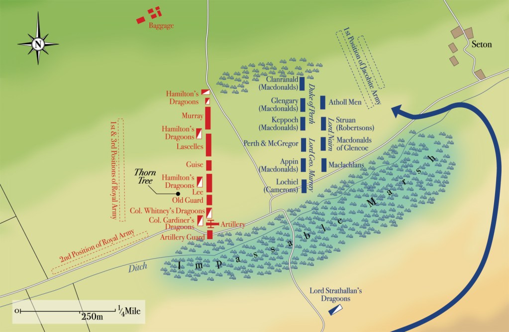 The Battle of Prestonpans 1745: map showing the deployment of units prior to the Jacobite charge. Click on the image for a larger view. [Map: Ian Bull]