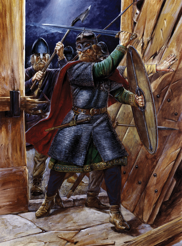 Colour illustration depicting Vikings storming into a building.