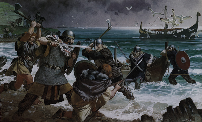 Colour illustration of Irish warriors meeting Viking invaders in the early 11th century AD.