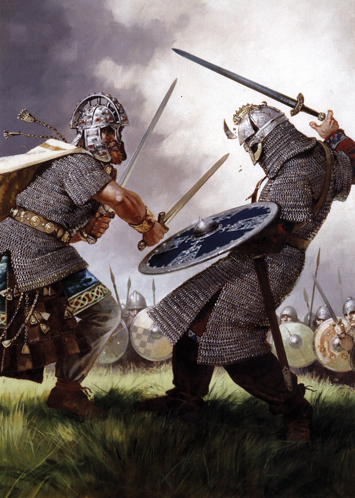 Colour illustration depicting a clash between Vikings and Anglo-Saxons
