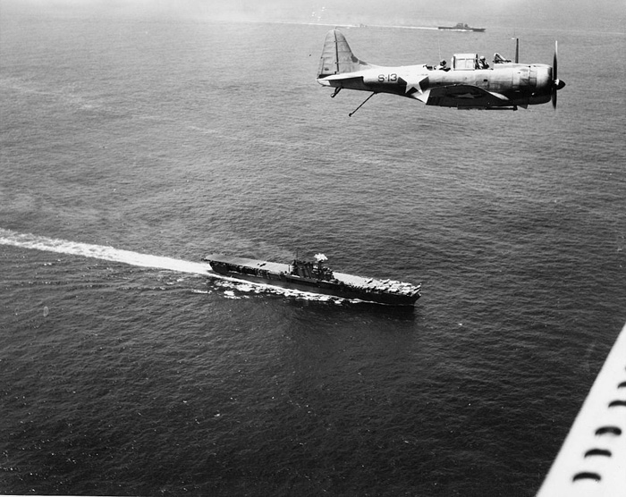 Douglas Dauntless flying over USS Enterprise