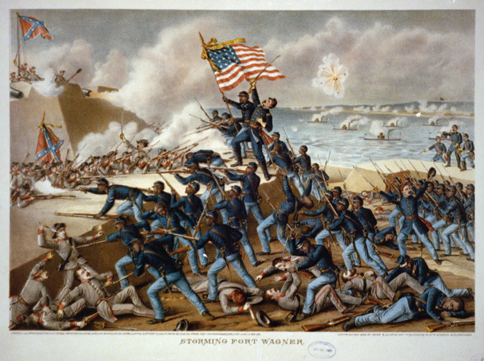 The 54th Massachusetts Regiment storms Fort Wagner. Chester worked as a recruiter for the regiment before becoming a war correspondent.