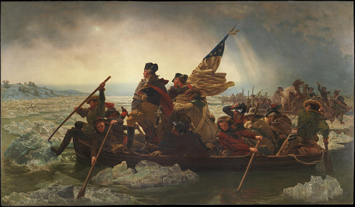 Perhaps the most famous painting of Washington: Washington Crossing the Delaware by German-American artist Emanuel Leutze in 1851. It was executed in the Romantic-heroic style typical of much 19th-century military art. Washington’s bold military strike – wholly unexpected in winter – did much to restore the morale of America’s revolutionary forces after their defeat at New York in the autumn of 1776.