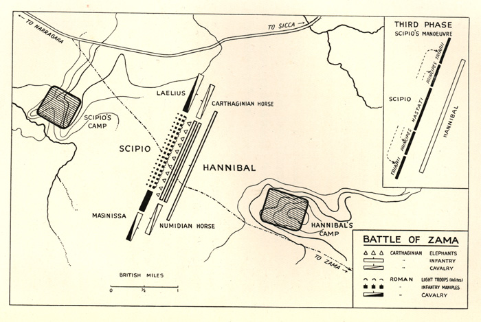 Plan of the Battle of Zama, 202 BC,  showing the initial deployments and  (inset) the final phase.