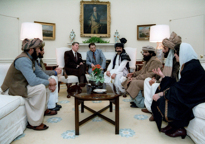 President Reagan meeting members of the mujahideen in the Oval Office in 1983. The Americans aided the Afghan guerrilla insurgents to defeat the Soviet invasion, although many elements later morphed into the Taliban and al-Qaeda.