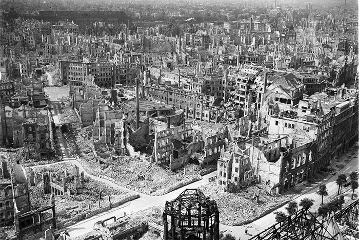 Caption: The ruins of Dresden following the Allied bombing in February 1945. Around 25,000 people were killed.