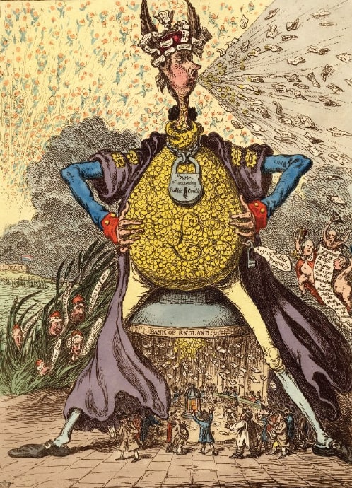 A modern finance system gave the British a huge advantage over Napoleonic France when it came to funding war. Contemporary cartoonist James Gillray here reflects on the strange novelty of it all.