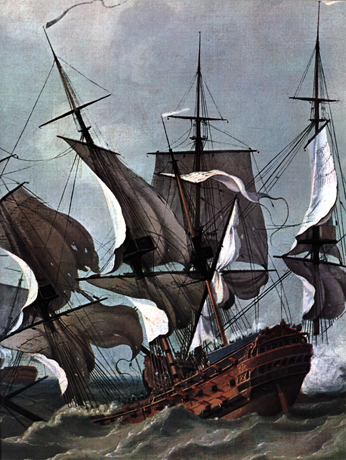 The French man-o’-war Thésée attempting to manoeuvre during the battle.