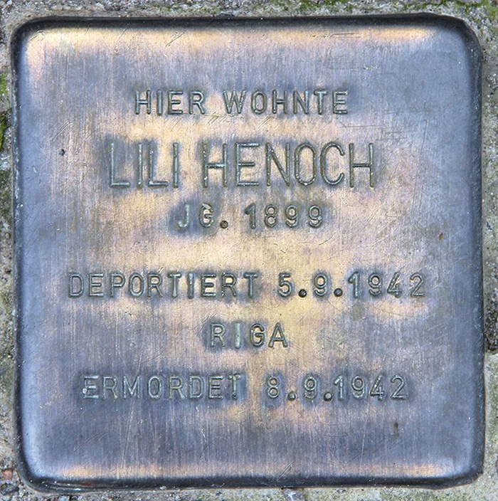 Henoch’s Stolperstein outside her one-time home in the suburbs of Berlin. In 1942, Henoch and her mother Rose were deported from Germany to Latvia, where they were killed.
