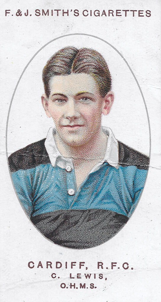 A cigarette card featuring Lewis from the 1913-14 season. Despite being gassed, Lewis remained fit enough to play his favourite game after the war.