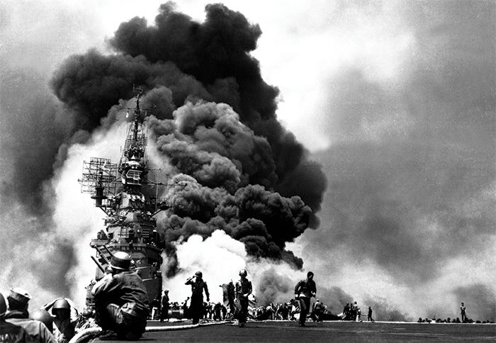 The USS Bunker Hill burns after two kamikaze strikes in June 1945.  During the campaign, 27 US ships were sunk and 164 others damaged.