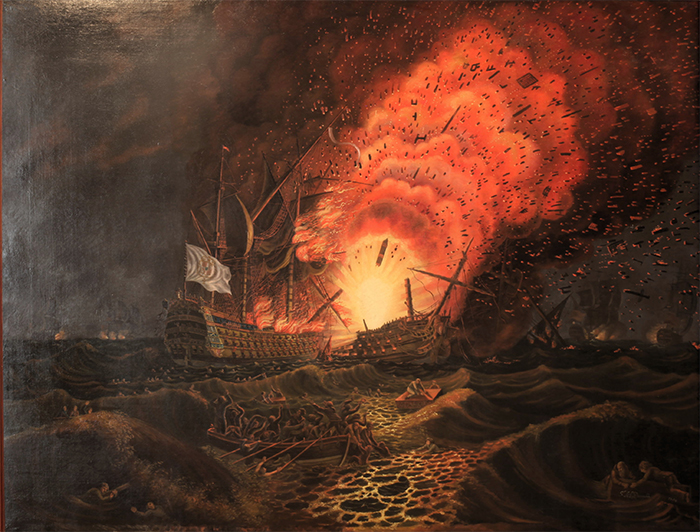 The 74-gun French ship César explodes at the Battle of the Saintes.