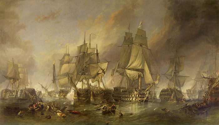 The Battle of Trafalgar (1836) by William Clarkson Stanfield. The artist has chosen to depict the duel between HMS Victory, HMS Temeraire, and, between them, the French ship Redoubtable.