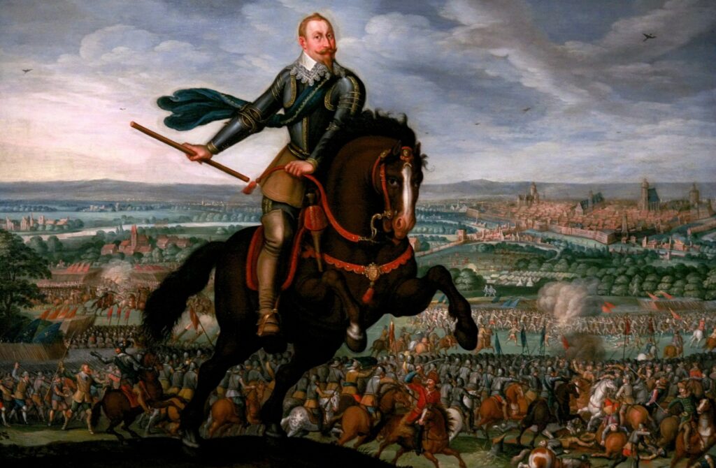 W Gustavus Adolphus, the Swedish king, at the Battle of Breitenfeld, 17 September 1631, the first major Protestant victory of the Thirty Years’ War. Painted by Johann Walter (1594-1634).